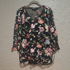 NEW.BAKU Wome's Elegant Black Floral Embroidered Blouse Size XL